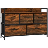 HOMCOM Cajonera de Tela con 5 Cajones y Marco Metálico Estilo Industrial para Salón Recibidor 98x29x63 cm Marrón Rústico(m-1)