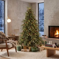 HOMCOM 6ft Artificial Christmas Tree with Pinecones, Red Berries, Hinged Predecorated Xmas Tree with 2843 Branch Tips(m-8)
