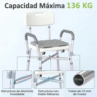 HOMCOM Silla Ducha Personas Mayores con Respaldo Reposabrazos Altura Ajustable Cojín Acolchado Extraíble Carga 136 kg Gris(m-4)