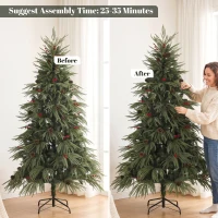 HOMCOM 6ft Artificial Christmas Tree with Pinecones, Red Berries, Hinged Predecorated Xmas Tree with 2843 Branch Tips(m-7)