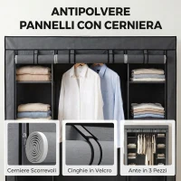 HOMCOM Armadio in Tessuto Salvaspazio con Barra Appendiabiti e 11 Ripiani, 135x45x175 cm, Grigio(m-6)