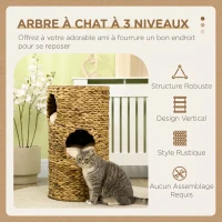 PawHut Tonneau à Gratter pour Chat 3 Niveaux, Coussins, Tressage en Jacinthe d'Eau, Cadre en Acier, Ø 40 x 73 cm, Marron Clair(m-4)