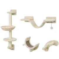 PawHut Four-Piece Cat Wall Furniture, with Hammock, Ladder, Platforms, Steps, for Indoor Use - Beige(m-1)
