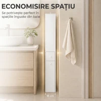 HOMCOM Dulap Baie Slim cu Organizator Glisant pe Roți, Sertar și Raft Reglabil, MDF, 18 x 40 x 135 Cm, Alb(m-4)