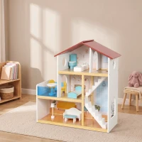 AIYAPLAY Kids Wooden Dolls House, 3-Story Dollhouse with 5 Rooms and 11 Accessories, Pretend Play Gift for Ages 3+, White(m-8)
