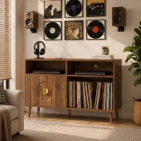 HOMCOM Record Player Stand, Vinyl Record Holder with Storage Holds Up to 300 Albums with Flip-Top Compartment, Walnut(m-9)