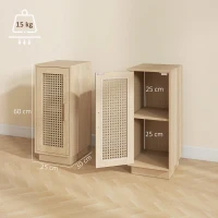 HOMCOM Set of 2 Bedside Tables with Rattan-Decor Doors, Boho Slim Nightstands with Adjustable Shelf, Natural Wood Finish(m-3)