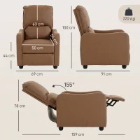 HOMCOM Fotoliu Relax Reclinabil Manual 155° cu Suport pentru Picioare, din Piele Ecologică PU, pentru Living și Dormitor, Maro închis(m-3)
