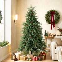 HOMCOM 6ft Artificial Christmas Tree with Pinecones, Red Berries, Hinged Predecorated Xmas Tree with 2843 Branch Tips(m-14)