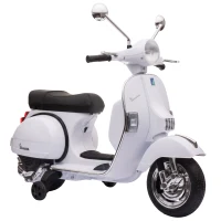 AIYAPLAY Moto Eléctrica Niños 12V Vespa PX150 Ruedas Auxiliares 2 Motores Suspensión Trasera Música Faros 3 km/h 3-6 Años Blanco(m-1)