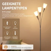 HOMCOM Vloerlamp woonkamer 40 W met voetschakelaar, 3 x E14-fitting, voor slaapkamer of kantoor, zilver, zonder lichtbronnen(m-6)