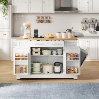 Modern Rolling Kitchen Island Trolley with Woodgrain Worktop, Mobile Storage Cart Unit with Pull-Out Bin Compartment, 138L x 86W x 92H cm, White(m-9)