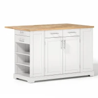 Modern Rolling Kitchen Island Trolley with Woodgrain Worktop, Mobile Storage Cart Unit with Pull-Out Bin Compartment, 138L x 86W x 92H cm, White(m-10)