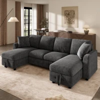 Modern U-Shaped Sectional Sofa with 2 Storage Chaise Lounges, Convertible Sleeper Couch with 2 Square Cushions, 260L x 128W x 82H cm, Gray(m-1)