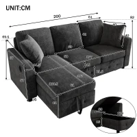 Modern Chenille L-Shaped Sectional Sofa with Storage Chaise Lounge, Soft Convertible Sleeper Couch with 2 Cushions, 200L x 130.5W x 83.5H cm, Gray(m-3)