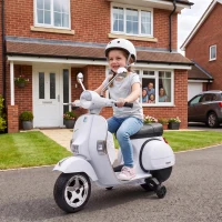 AIYAPLAY Moto Eléctrica Niños 12V Vespa PX150 Ruedas Auxiliares 2 Motores Suspensión Trasera Música Faros 3 km/h 3-6 Años Blanco(m-15)