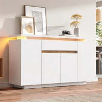 Modern LED Sideboard with 4 Doors and Large Drawer, Freestanding Buffet Cupboard for Living Room, 140L x 40W x 80H cm, White+Natural(m-1)