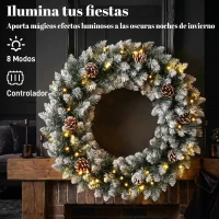 HOMCOM Corona de Navidad para Puerta Efecto Nevado de 60 cm con 50 Luces LED 8 Modos Piñas para Balcón Paredes Ventanas(m-5)
