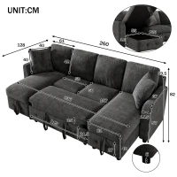 Modern U-Shaped Sectional Sofa with 2 Storage Chaise Lounges, Convertible Sleeper Couch with 2 Square Cushions, 260L x 128W x 82H cm, Gray(m-3)