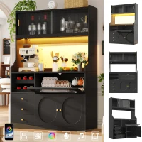 Tall Kitchen Cabinet with App-Controlled RGB LED and Glass Doors, Storage Unit with Wine Rack and 3 Drawers, 120L x 40W x 180H cm, Black(m-5)
