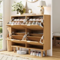 Rattan Narrow Shoe Cabinet with 4 Flip Drawers, Space-Saving Entryway Storage for Hallway, 100L x 25W x 90.5H cm, Light Oak(m-7)