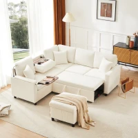 Modern Corner Sofa Bed with Reading Lamp and Fold-Out Cup Holder Table, Soft Pull-Out Sleeper Couch with Ottoman, 205L x 205W x 85H cm, Beige(m-1)