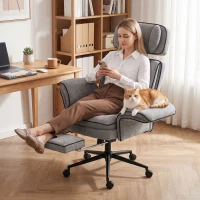 HOMCOM Silla de Escritorio con Reposapiés Reposabrazos Abatibles Respaldo Alto y Reclinable 145° Reposacabezas Ajustable Gris(m-10)