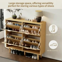 Modern Rattan Shoe Cabinet with 4 Flip Drawers, Space-Saving Storage Organiser Cupboard with Adjustable Shelves, 100L x 25W x 90.5H cm, Light Oak(m-6)