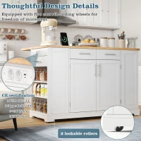 Modern Rolling Kitchen Island Trolley with Woodgrain Worktop, Mobile Storage Cart Unit with Pull-Out Bin Compartment, 138L x 86W x 92H cm, White(m-7)