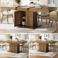 Extendable Dining Table with Integrated Storage, Space-Saving Kitchen Table with Grooved Doors and Shelves, 140-180L x 90W x 75H cm, Walnut(m-1)