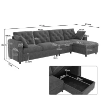 Modern Velvet L-Shaped Sectional Sofa with Reversible Storage Chaise and Tufted Back, Soft Corner Couch for Living Room, 281L x 132W x 86H cm, Grey(m-3)