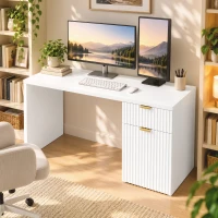 HOMCOM Computer Desk with Drawer, 120 cm Reversible Office Desk, Cabinet, Adjustable Shelf, Thick Top, White(m-2)