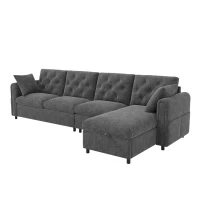 Modern Velvet L-Shaped Sectional Sofa with Reversible Storage Chaise and Tufted Back, Soft Corner Couch for Living Room, 281L x 132W x 86H cm, Grey(m-14)
