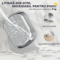 PawHut Litieră închisă pentru pisici, L, din oțel inoxidabil, cu mâner, lopățică și deodorant, anti-împrăștiere, gri(m-4)