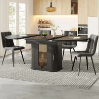 Extendable Dining Table with Glass Doors and Hidden Storage, Space-Saving Oval Dining Table for Up to 6 People, 120-160L x 118W x 77H cm, Black(m-7)