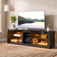 HOMCOM TV Stand Cabinet with LED Lights and Remote Control for TVs up to 65", Entertainment Centre with Storage Shelves, Black(m-7)
