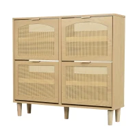 Rattan Narrow Shoe Cabinet with 4 Flip Drawers, Space-Saving Entryway Storage for Hallway, 100L x 25W x 90.5H cm, Light Oak(m-14)