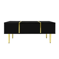 High-Gloss Coffee Table with Two Drawers and 19.5 cm Clearance, Modern Center Table for Living Room, 100L x 60W x 41.5H cm, Black+Gold(m-2)