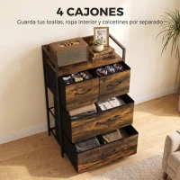 HOMCOM Cajonera de Tela con 4 Cajones Plegables y Marco de Acero Estilo Industrial para Salón 50x29x85 cm Marrón Rústico(m-4)