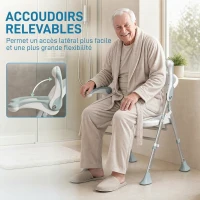 HOMCOM Tabouret de Douche Pliable, Hauteur Réglable à 5 Niveaux, Pieds Antidérapants en TPR, Aluminium, 51,5x61,5x74,5cm, Blanc(m-5)