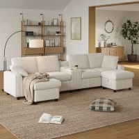 Modern Corduroy U-Shaped Sectional Sofa with 2 Movable Storage Ottomans, Soft Luxury Couch with USB Charging Ports, 315L x 135W x 81H cm, Beige(m-1)