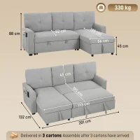HOMCOM Canapea extensibilă 3 locuri cu șezlong convertibil, spațiu de depozitare, 3 perne, material cu efect de in, gri(m-3)