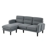 L-Shaped Sectional Sofa with Movable Chaise and Storage Pockets, Modular 3-Seater Corner Sofa for Living Room, 204L × 136W × 80H cm, Grey(m-12)