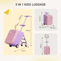 Fun Ride-On Kids Suitcase with Universal 360 Wheels, 3-in-1 Trolley Cabin Hand Luggage Carry On Bag with Armrests, 39L x 28.5W x 57H cm, Pink(m-2)