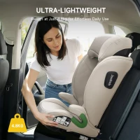 Highback Booster Seat with ISOFIX and I-Size R129, Adjustable Car Seat with 10-Position Headrest for 100-150 cm, 44L x 46W x 80H cm, Beige(m-6)