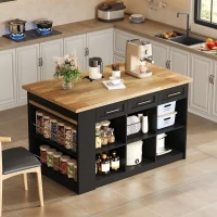 Modern Kitchen Island with Hidden Extendable Dining Table, Mobile Breakfast Bar with Marble-Effect Worktop, 150L x 90W x 90H cm, Black+Natural(m-9)