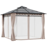 Outsunny 3 x 3 (m) Outdoor Polycarbonate Gazebo, Double Roof Hard Top Gazebo with Galvanised Steel Frame, Nettings & Curtains for Garden, Lawn, Patio and Deck, Khaki(m-10)