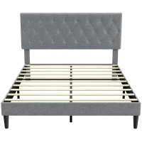HOMCOM Marco de Cama 140 x 190 cm con Somier, Cama Doble Acolchada en Lino, Cabecero Capitonné, Soporte de 10 Lamas, Gris(m-1)