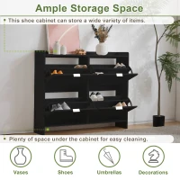 Modern Wooden Shoe Cabinet with 4 Flip Drawers, Space-Saving Storage Organiser with Side Umbrella Hooks, 110L x 24W x 90H cm, Black(m-5)