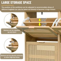Rattan Narrow Shoe Cabinet with 4 Flip Drawers, Space-Saving Entryway Storage for Hallway, 100L x 25W x 90.5H cm, Light Oak(m-4)
